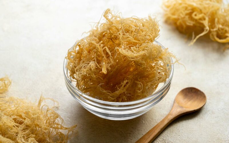 how much sea moss to take daily in a bowl on counter with wood spoon