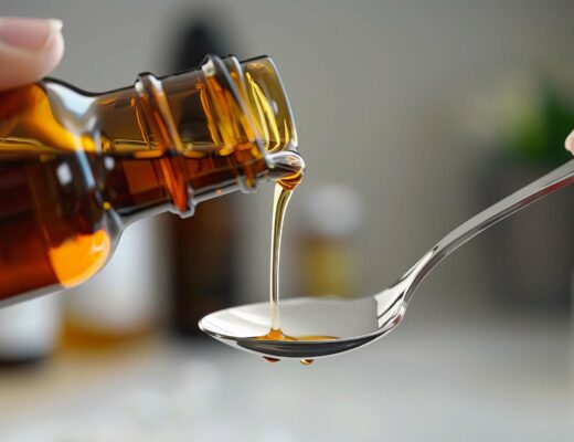 liquid vitamins being poured from a bottle to a spoon