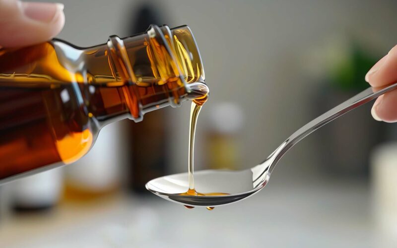 liquid vitamins being poured from a bottle to a spoon