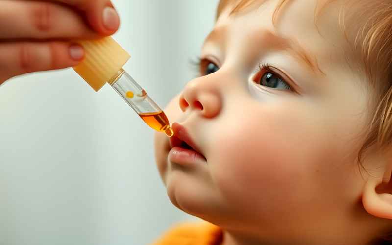 ai image of a child being given a liquid vitamin from a dropper by their parent